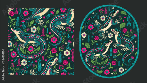 Vintage Boho Ethnic Lizard Motif Card and Seamless Pattern Set Ornamental Batik Swamp Flower Bohemian Baroque Folk Art