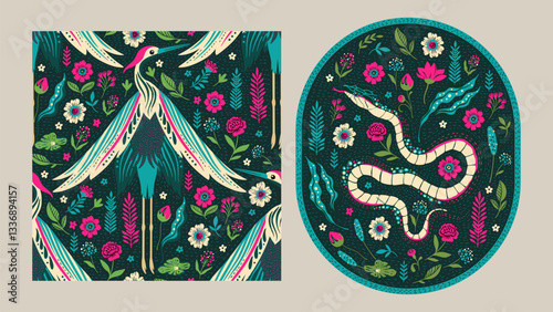 Vintage Boho Crane Bird and Snake Ethnic Card Seamless Pattern  Set Ornamental Batik Swamp Flower Bohemian Baroque Folk Enchanted Art