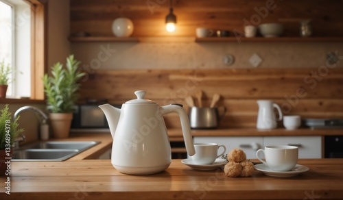 Wallpaper Mural Elegant White Electric Kettle with Tea Service in Rustic Kitchen Setting Torontodigital.ca