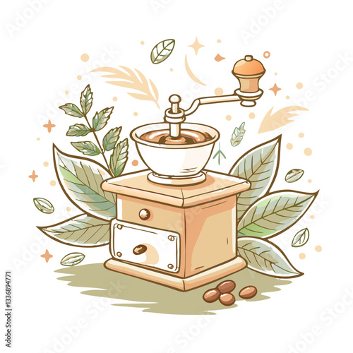 Stylized illustration of a coffee grinder surrounded by leaves and coffee beans, symbolizing the art of coffee preparation, perfect for café décor and branding.