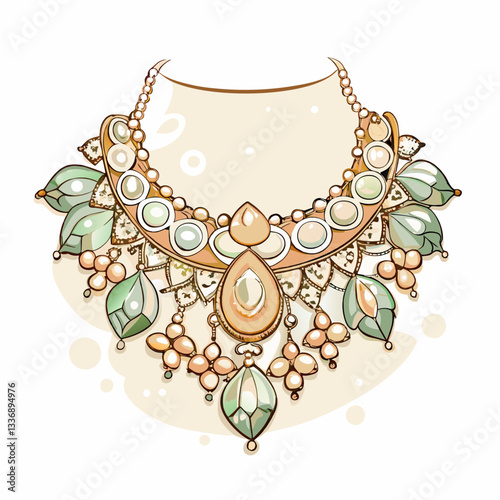 Elegant jewelry necklace design featuring intricate patterns and gemstones, showcasing a blend of classic and modern styles, perfect for fashion accessories and decorative illustrations.