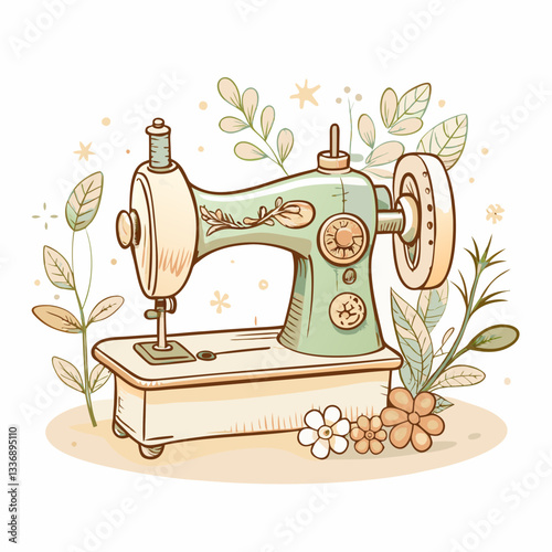 Vintage sewing machine with decorative floral elements, showcasing artistic craftsmanship, a blend of nostalgia and creativity, perfect for sewing enthusiasts and DIY projects.