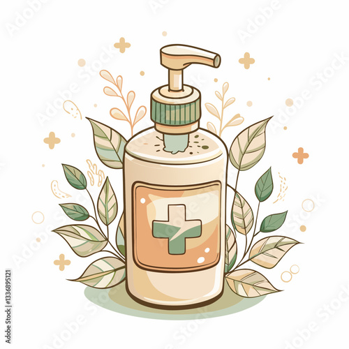 A decorative hand sanitizer bottle surrounded by green leaves, capturing the essence of health and hygiene, ideal for promoting wellness, cleanliness, and personal care in graphic design.