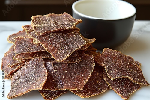 A pile of delicious jerky sits beside a small bowl photo