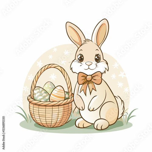 A cute cartoon bunny with a bow, happily sitting beside a woven basket filled with colorful Easter eggs against a soft pastel background, symbolizing joy and celebration of Easter