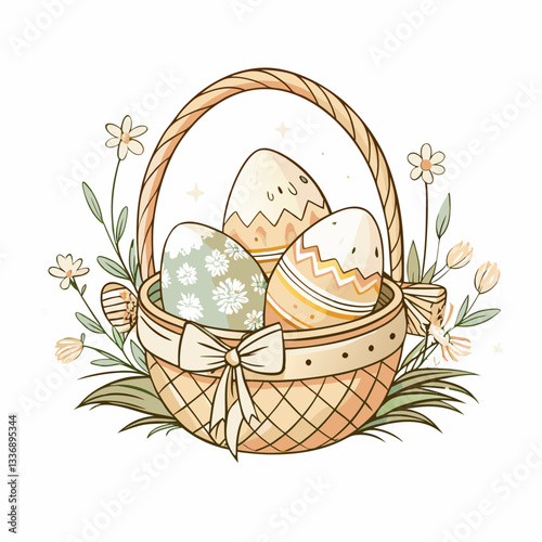 A beautiful woven basket filled with colorful decorated Easter eggs, surrounded by delicate flowers and greenery, symbolizing celebration, renewal, and the joy of springtime festivities.
