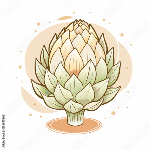Artistic illustration of a fresh artichoke in soft pastel colors, featuring delicate details, symbolizing healthy eating, farm-to-table cuisine, and vegetable gardening for culinary use.