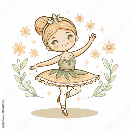 A joyful little ballerina dancing gracefully among flowers, illustrating the beauty of childhood creativity, artistic expression, and the joy of performing arts in a whimsical, pastel-toned setting.