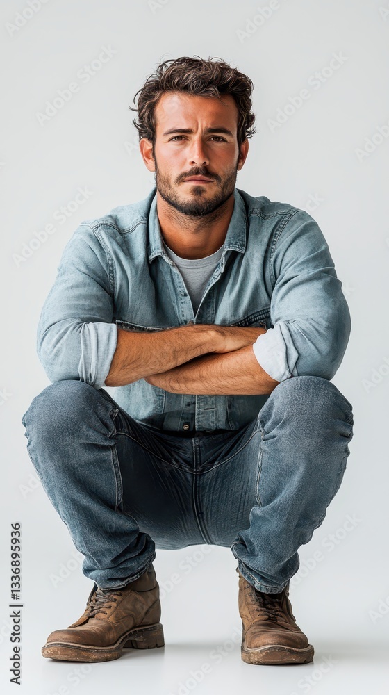 A man sits in a squatting position, wearing a denim shirt and jeans. He has a serious expression, set against a plain background, suggesting contemplation or reflection in a modern space A man sits in a squatting position, wearing a denim shirt and jeans. He has a serious expression, set against a plain background, suggesting contemplation or reflection in a modern space