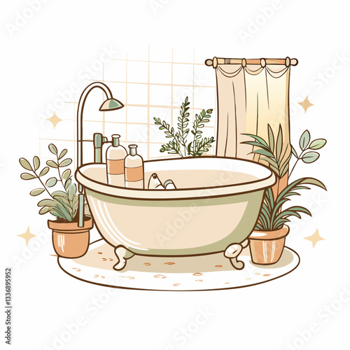 Elegant bathroom with a classic freestanding tub surrounded by lush greenery and decorative plants, creating a serene spa-like atmosphere ideal for relaxation and home decor inspiration.
