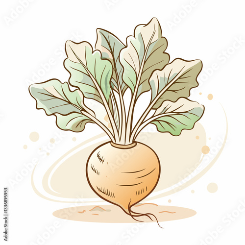 A detailed illustration of a freshly harvested turnip with green leaves, showcasing agricultural bounty, organic farming, natural produce, and healthy eating concepts for culinary use.