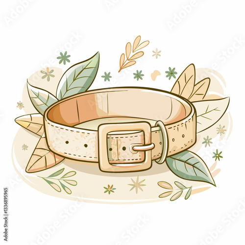 A stylish illustrated belt surrounded by decorative leaves, showcasing fashion accessories, nature-inspired design, perfect for clothing catalogs or lifestyle blogs, representing personal style.