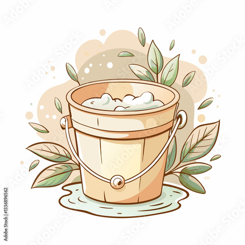 A wooden bucket filled with soapy water surrounded by green leaves, depicting cleanliness and freshness, ideal for illustrating cleaning products or nature-themed designs.