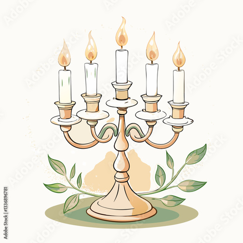 Elegant candelabrum with five lit candles surrounded by delicate leaves, perfect for creating a cozy atmosphere in home decor, anniversaries, or romantic settings.