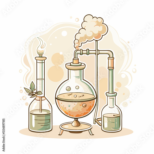 Illustration of laboratory glassware with bubbling liquids and steam, showcasing the art of science, chemistry experiments, educational purposes, research and discovery in a creative style.