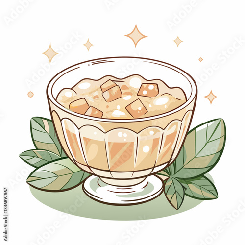 A glass bowl of creamy dessert topped with ice cubes and surrounded by fresh leaves, representing indulgent treats, summer gatherings, and refreshing flavors for culinary inspiration.