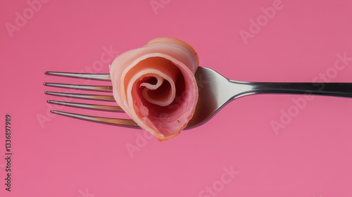 Fototapeta Naklejka Na Ścianę i Meble -  A fork holds a beautiful spiral arrangement of sliced ham resembling a rose, contrasting with the bright pink background, showcasing culinary artistry and innovation