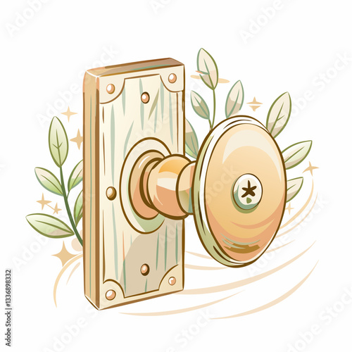 An illustrated gold door knob on a wooden panel surrounded by leafy greenery, symbolizing entry and new beginnings, ideal for home decor and design concepts.