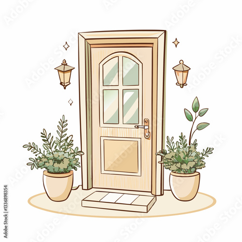 Charming wooden door with lanterns and potted plants, illustrative style in soft colors, representing a warm welcome and inviting entrance for home decor or creative projects.