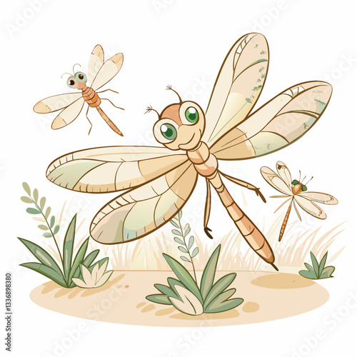 A cheerful animated dragonfly flying joyfully among its peers above a lush green background, symbolizing nature’s beauty, playfulness, and harmony in the ecosystem.