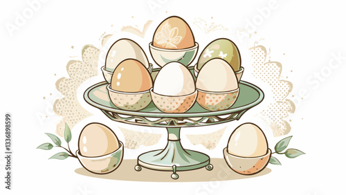 A decorative arrangement of beautifully designed pastel Easter eggs on a vintage cake stand, symbolizing renewal and festive celebrations, ideal for Easter-themed decorations or invitations.