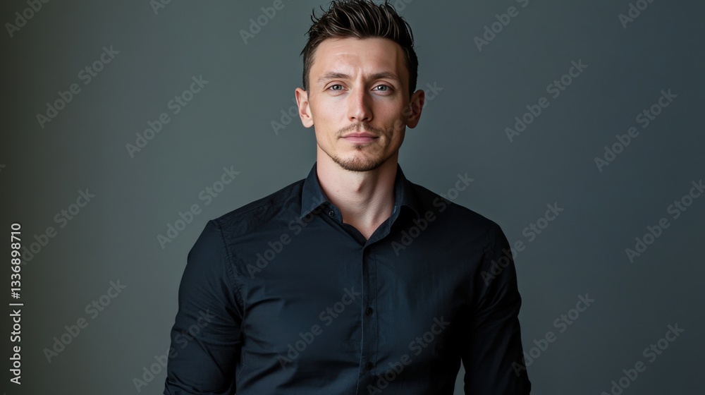 Fototapeta premium Confident Young Man in a Black Shirt Posing Against a Simple Background