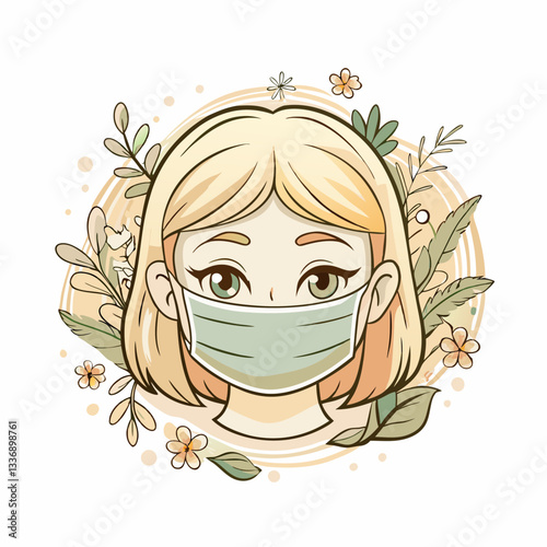 A young woman wearing a face mask, looking calmly at the viewer, surrounded by floral elements, symbolizing health awareness and personal safety during health crises.