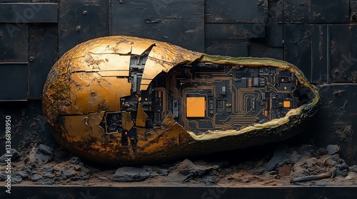 Broken gold fruit, circuit board inside, dark background