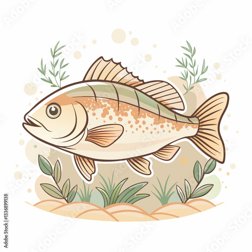 A detailed illustration of a fish swimming amidst aquatic plants, showcasing marine life in a serene underwater environment, ideal for educational content, decoration, or fishing themes.