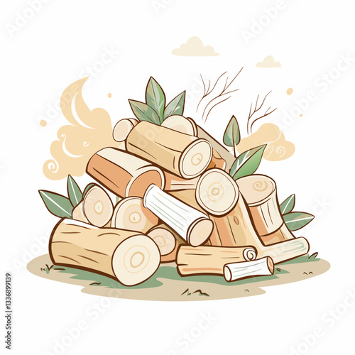 Colorful illustration of a stacked pile of firewood with green leaves, representing nature's resources, woodworking concepts, eco-friendly living, and sustainable energy solutions.
