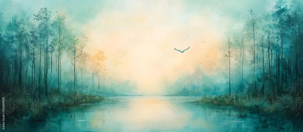 Serene lake sunrise, misty forest