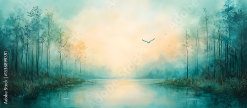 Serene lake sunrise, misty forest