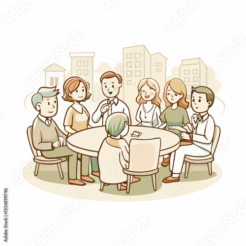 A diverse group of six people engaging in conversation around a round table in an urban setting, representing teamwork, collaboration, and community discussions in a modern environment.