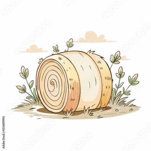 Illustration of a hay bale surrounded by green grass and delicate plants, showcasing rural life and agriculture, ideal for farm-related designs, country themes, and environmental projects.