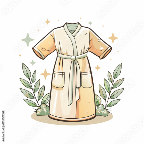 A stylish beige and cream bathrobe displayed against a soft floral background, representing comfort and relaxation, ideal for home decor and fashion design concepts.