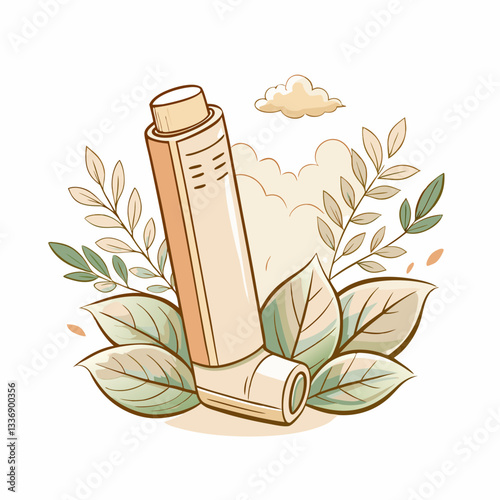 Artistic illustration of an asthma inhaler surrounded by lush green leaves and gentle clouds, symbolizing respiratory health and wellness, used for medical awareness and education.