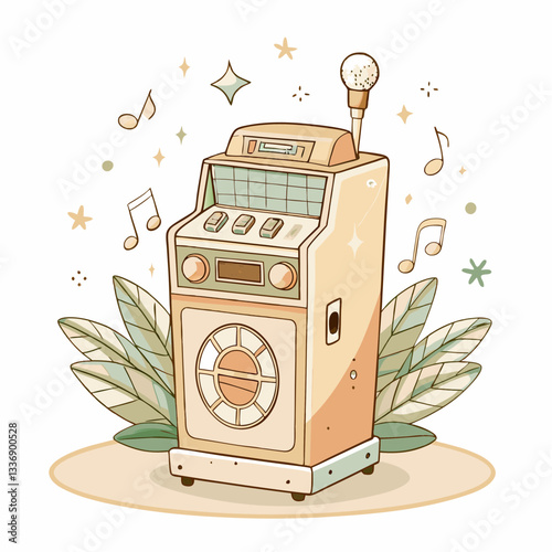 A vintage-style jukebox playing music surrounded by musical notes and tropical leaves, representing nostalgia and joy of music, perfect for retro-themed events, parties, or decor.