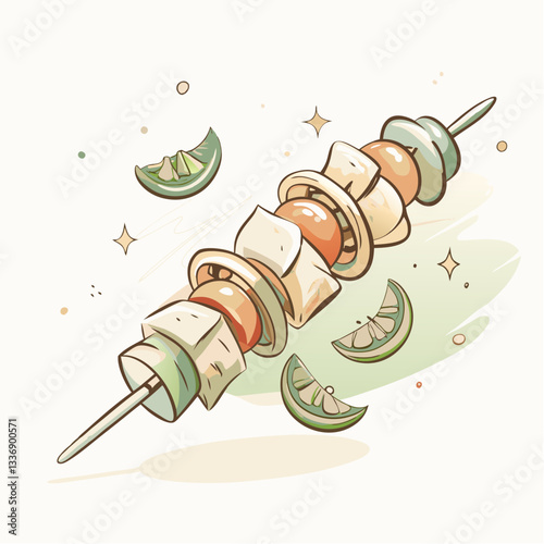 Hand-drawn illustration of a delicious grilled vegetable and fruit kebab with lime slices, representing healthy eating, summer barbecues, and a vibrant culinary experience
