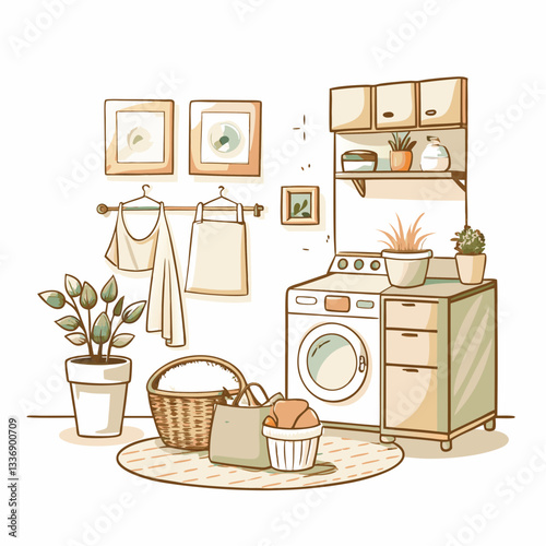 Cozy and modern laundry room illustration featuring a washing machine, decorative plants, and organized shelves, ideal for home design inspiration and laundry service advertisements.