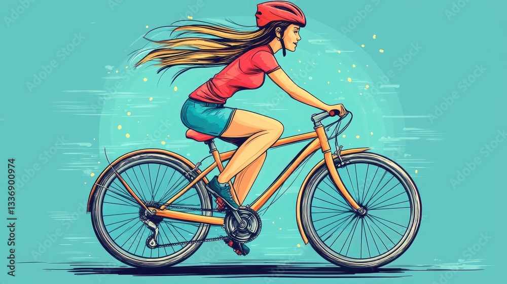 Fototapeta premium A woman with long hair rides a bright orange bicycle, enjoying the fresh air. She wears a red shirt and helmet, embodying freedom and joy in outdoor exercise