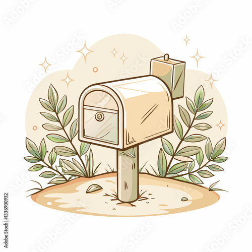 Charming illustration of a mailbox surrounded by lush green foliage, depicting the importance of communication and connection, an ideal visual for home and garden themes or postal-related projects.