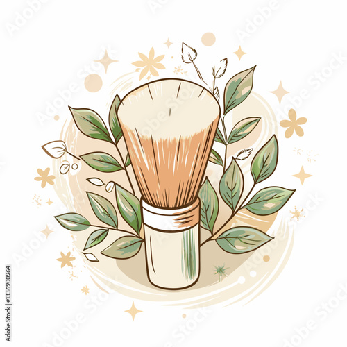 A beautifully illustrated shaving brush surrounded by delicate leaves and floral elements, representing grooming and self-care with a natural aesthetic for beauty and wellness products.