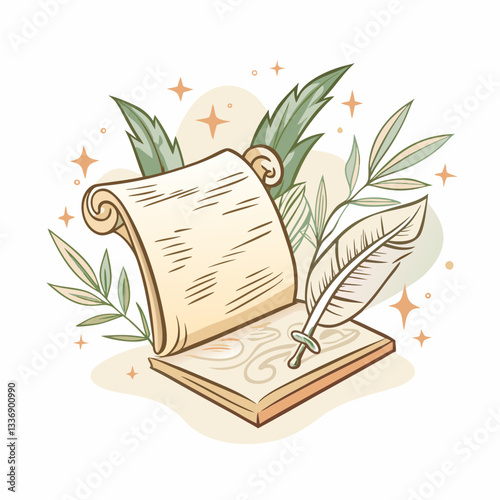 A vintage scroll and quill pen surrounded by decorative leaves, illustrating the art of writing, creativity in literature, and a nod to classic storytelling and literature production.