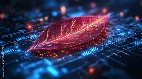 Digital leaf on circuit board; technology nature fusion