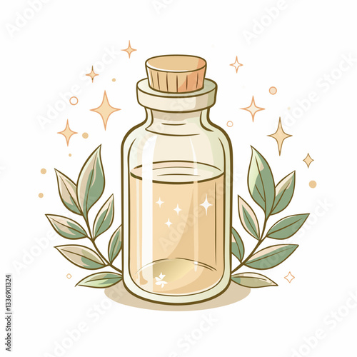 A beautifully illustrated glass potion bottle filled with a shimmering liquid, surrounded by lush green leaves, representing natural remedies and enchanting elixirs for wellness and creativity.