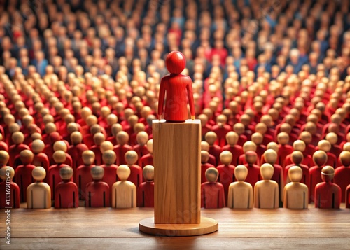 Red Wooden Figurine Addresses Large Crowd: Critical Announcement Stock Photo