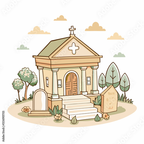 A quaint church building set amidst lush greenery and softly colored clouds, symbolizing peace, spirituality, and a serene place for reflection or worship.
