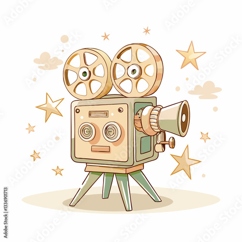 Vintage film camera illustration with a charming design, showcasing inspiration for filmmakers and cinema enthusiasts, evoking nostalgia and creativity in filmmaking art.