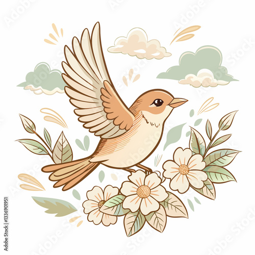 Wallpaper Mural A colorful bird soaring gracefully among delicate flowers and lush leaves, a symbol of freedom and nature's beauty, ideal for artistic designs and nature-themed projects. Torontodigital.ca