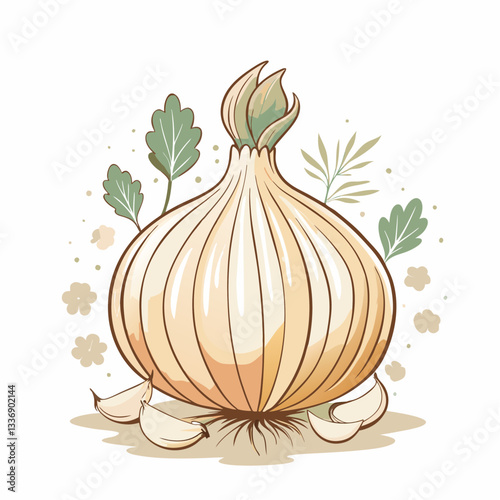 A beautifully illustrated onion with green leaves and garlic cloves, showcasing natural produce in a vibrant and artistic style, ideal for culinary and health-related themes or recipes.